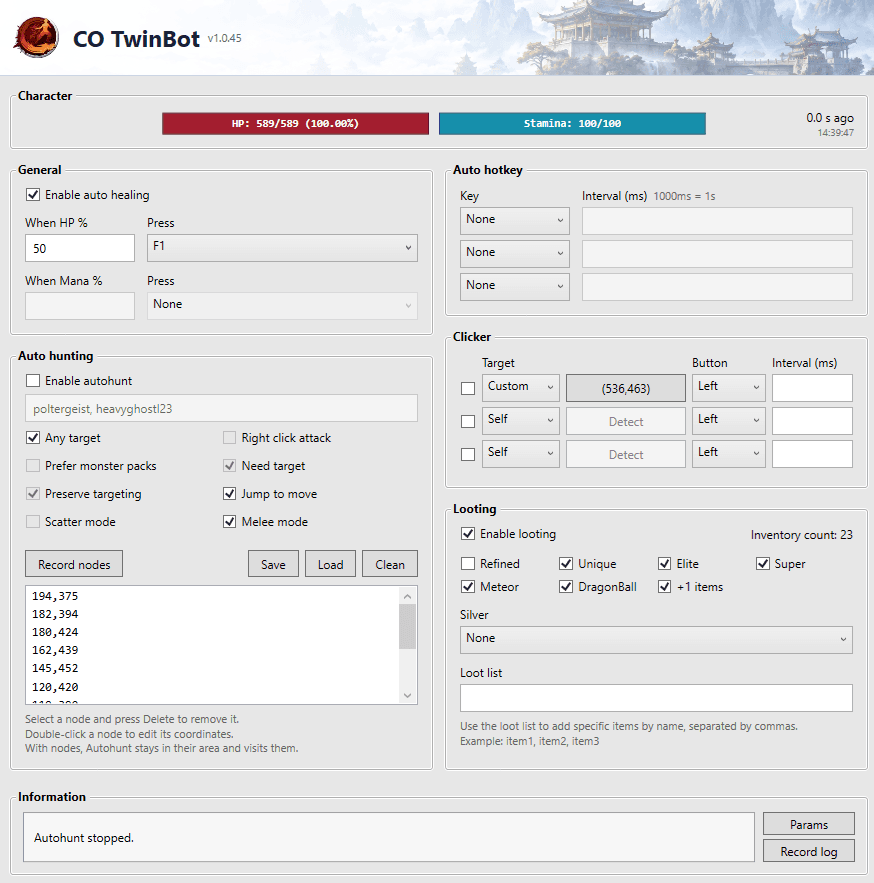 CO Twin Bot interface with hunting, healing, hotkey and looting settings